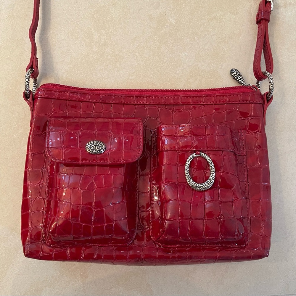 Brighton Red Patent Crocodile-Embossed Crossbody Shoulder Leather Bag